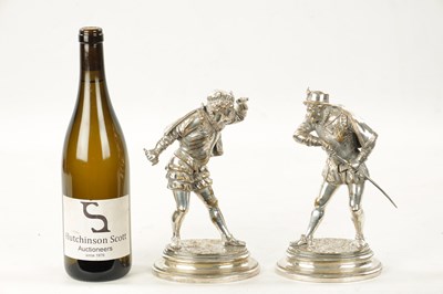 Lot 998 - EMILE GUILLEMIN. A PAIR OF SILVERED BRONZE SCULPTURES DEPICTING CAVALIERS