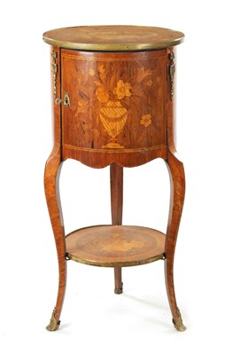 Lot 1526 - A 19TH CENTURY FRENCH WALNUT MARQUETRY CIRCULAR BEDSIDE CABINET