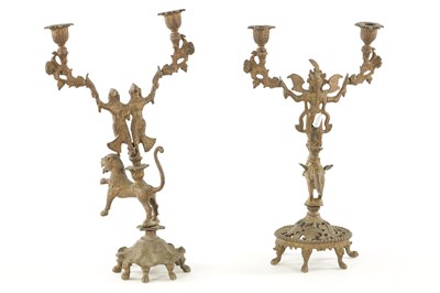 Lot 528 - A PAIR OF 19TH CENTURY GILT BRASS INDIAN CANDELABRA