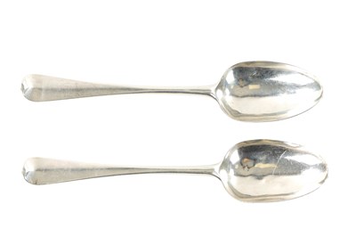 Lot 738 - A PAIR OF GEORGE III SILVER SCROLLED SHELLED BACK TABLESPOONS