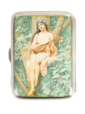 Lot 300 - A LATE 19TH CENTURY BOWED PLAIN SILVER AND ENAMEL EROTIC CIGARETTE CASE
