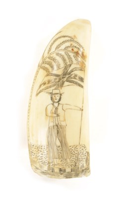 Lot 885 - AN EARLY 19TH CENTURY SAILOR SCRIMSHAW WHALE’S TOOTH