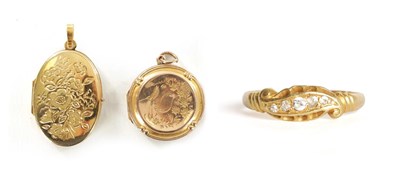 Lot 381 - TWO 9CT GOLD LOCKETS AND AN 18CT GOLD AND FIVE STONE DIAMOND RING