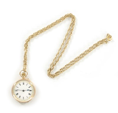 Lot 547 - A 9CT GOLD CASED OPEN-FACE FOB WATCH AND CHAIN