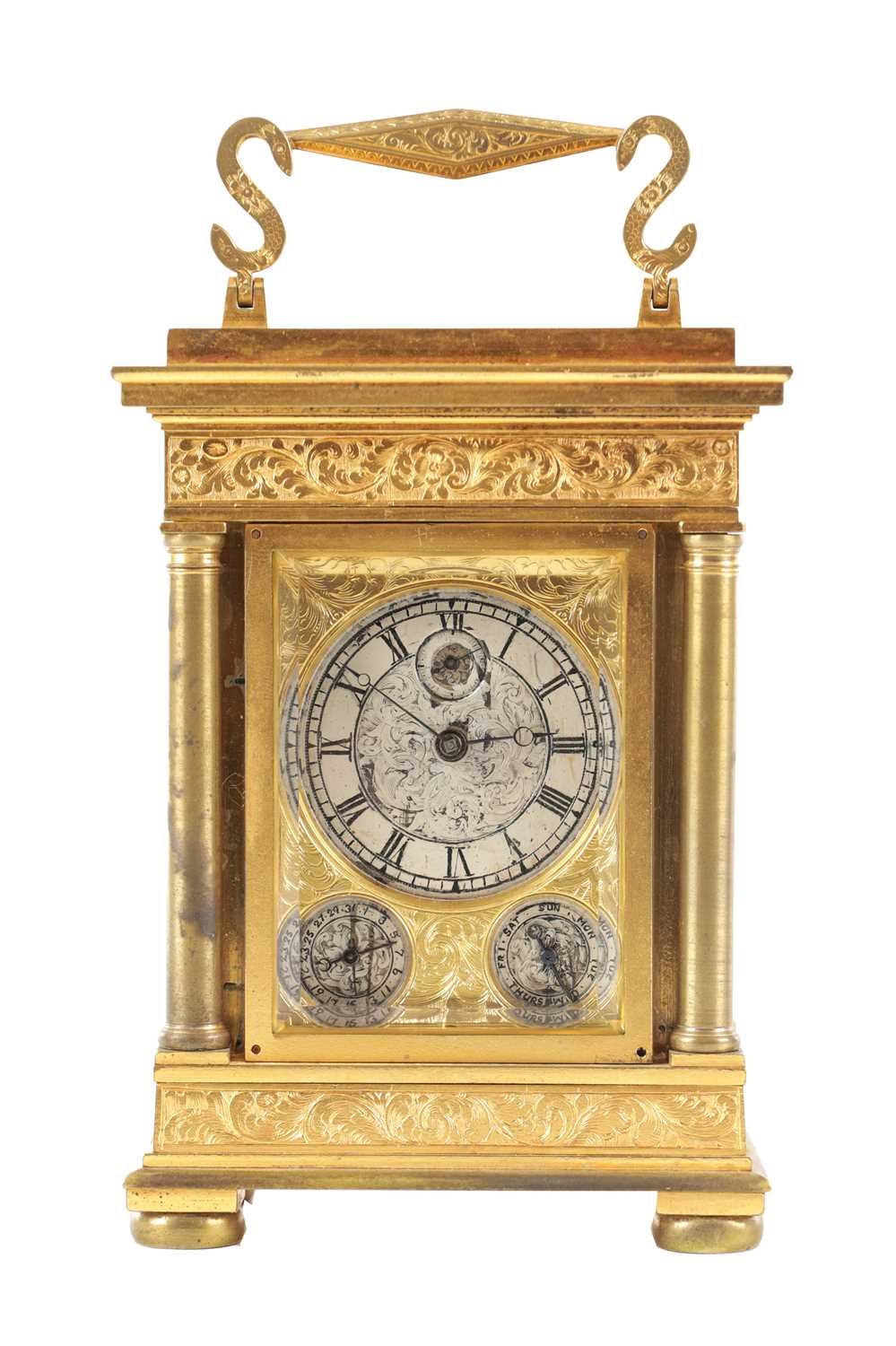 Lot A FINE MID 19TH CENTURY ENGLISH GILT ENGRAVED FUSEE CARRIAGE CLOCK