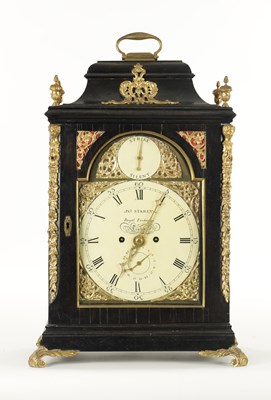 Lot 1057 - JOHN STAREY. LONDON. A GEORGE III ORMOLU MOUNTED EBONISED DOUBLE FUSEE BRACKET CLOCK