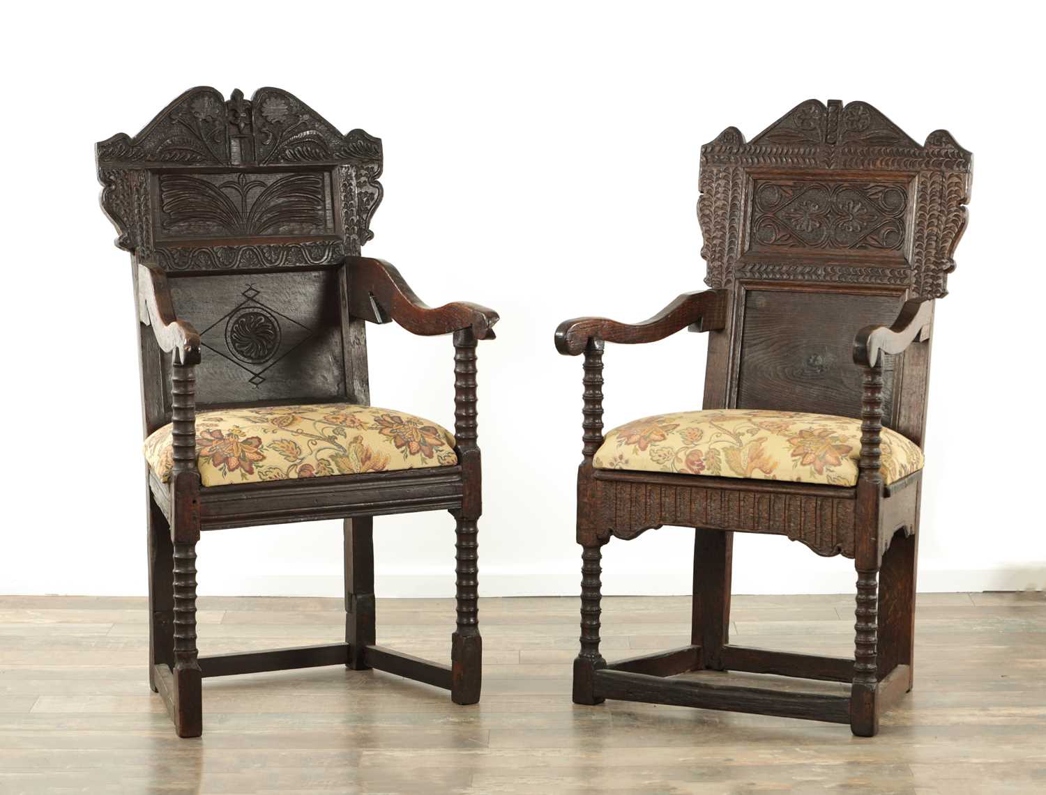 Lot 1508 - TWO MATCHING 17TH CENTURY AND LATER OAK WAINSCOT CHAIRS