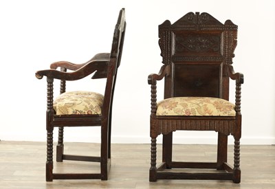 Lot 1508 - TWO MATCHING 17TH CENTURY AND LATER OAK WAINSCOT CHAIRS