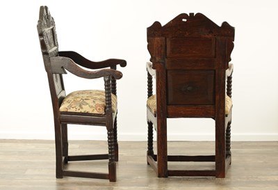 Lot 1508 - TWO MATCHING 17TH CENTURY AND LATER OAK WAINSCOT CHAIRS