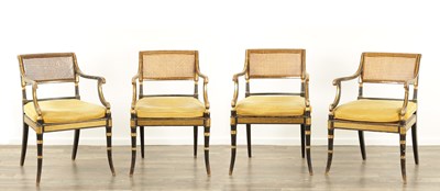 Lot 1467 - A RARE SET OF FOUR REGENCY PAINTED BERGERE LIBRAY CHAIRS BY JOHN GEE