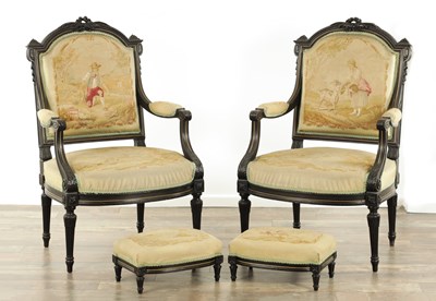 Lot 1382 - A FINE PAIR OF 19TH CENTURY FRENCH EBONISED ARM CHAIRS AND MATCHING FOOT STOOLS