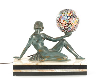 Lot 920 - AN ART DECCO PATINATED BRONZED METAL AND MARBLE GLOBE LAMP