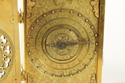 Lot 1081 - HANS SCHNIER IN SPEIR. AN EXTREMELY RARE 16TH CENTURY GILT TRAVELLING BOOK CLOCK