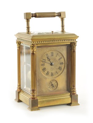 Lot 1232 - A LATE 19TH CENTURY FRENCH BRASS REPEATING CARRIAGE CLOCK WITH LEATHER OUTER CASE