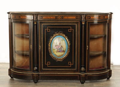 Lot 1509 - A 19TH CENTURY FRENCH ORMOLU MOUNTED AND EBONISED CREDENZA