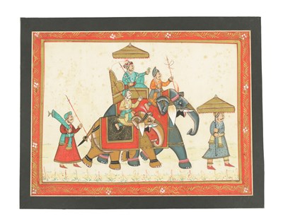 Lot 95 - A 19TH CENTURY INDIAN GOUACHE WATERCOLOUR OF A MAHARAJA SEATED ON AN ELEPHANT
