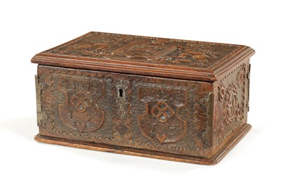 Lot 1309 - AN 18TH CENTURY CARVED WALNUT CONTINENTAL MINIATURE TABLE CASKET