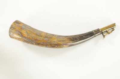 Lot 620 - A LATE GEORGE III SCRIMSHAW-WORK HORN POWDER FLASK