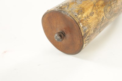 Lot 620 - A LATE GEORGE III SCRIMSHAW-WORK HORN POWDER FLASK