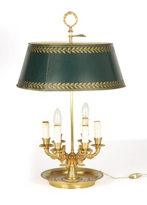 Lot 808 - A 19TH CENTURY FRENCH EMPIRE STYLE PAINTED TOLEWARE AND BRASS SIX BRANCH CANDELABRA DESK LAMP