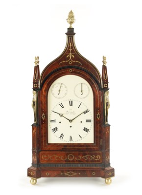 Lot 1064 - BARRAUDS, CORNHILL, LONDON. A LARGE REGENCY BRASS INLAID FIGURED MAHOGANY QUARTER CHIMING BRACKET CLOCK