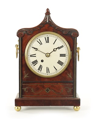 Lot 1176 - A SMALL REGENCY FIGURED MAHOGANY FUSEE BRACKET CLOCK