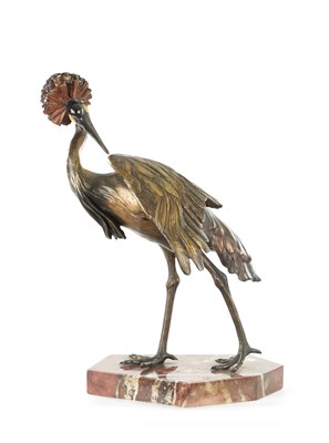 Lot 898 - OTTO LANG (1855-1928). A FINE LATE 19TH/EARLY 20TH CENTURY COLD-PAINTED BRONZE SCULPTURE OF A CRANE