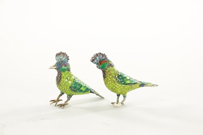 Lot 220 - A PAIR OF 19TH CENTURY CHINESE SILVER AND COLOURED ENAMEL BIRDS