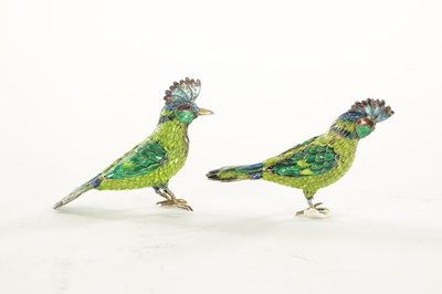 Lot 220 - A PAIR OF 19TH CENTURY CHINESE SILVER AND COLOURED ENAMEL BIRDS