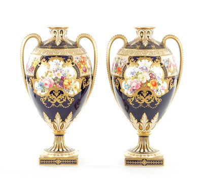 Lot 52 - A FINE PAIR OF ROYAL CROWN DERBY PORCELAIN CABINET VASES OF LARGE SIZE PAINTED BY ALBERT GREGORY