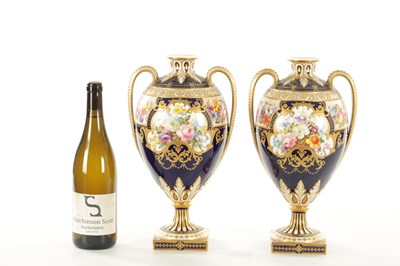 Lot 52 - A FINE PAIR OF ROYAL CROWN DERBY PORCELAIN CABINET VASES OF LARGE SIZE PAINTED BY ALBERT GREGORY