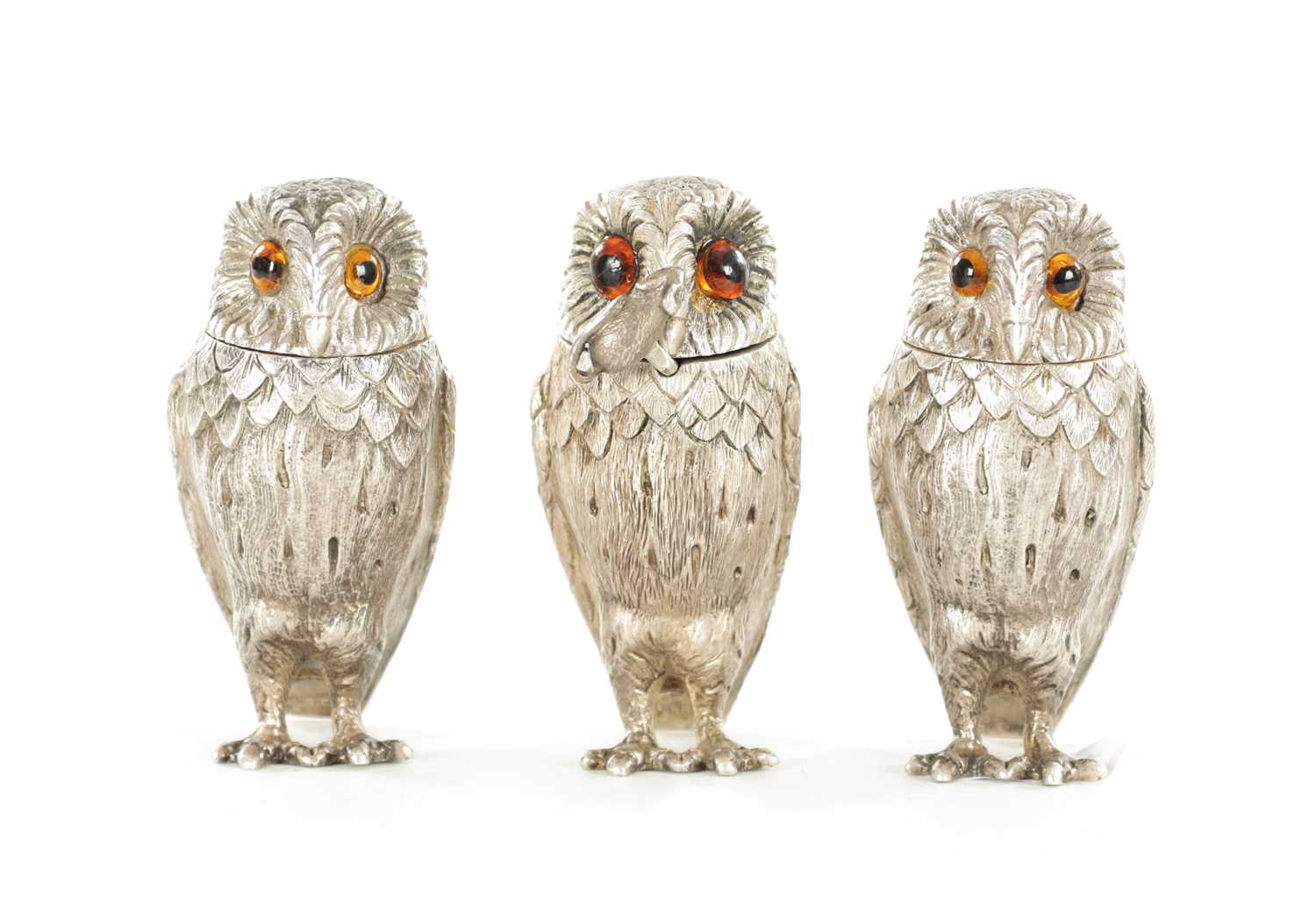 Lot 409 - A SET OF SILVER NOVELTY OWL CONDIMENTS BY GARRARD & CO.