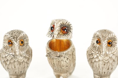 Lot 409 - A SET OF SILVER NOVELTY OWL CONDIMENTS BY GARRARD & CO.