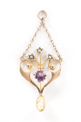 Lot 294 - A 9CT ROSE GOLD AMETHYST AND PEARL PENDANT