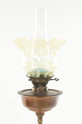 Lot 841 - AN ARTS AND CRAFTS COPPER AND BRASS OIL LAMP STAMPED BENSON