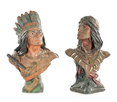 Lot 771 - A PAIR OF 19TH CENTURY CONTINENTAL CAST PLASTERWORK BUSTS OF RED INDIANS