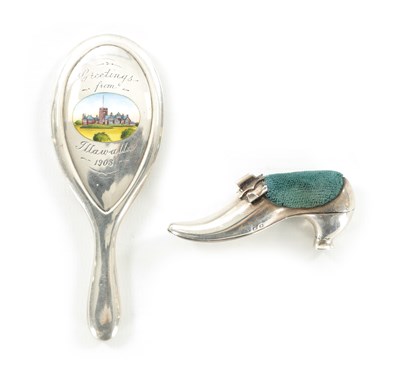 Lot 521 - AN EARLY 20TH CENTURY SILVER ENAMEL PIN CUSHION AND MIRROR