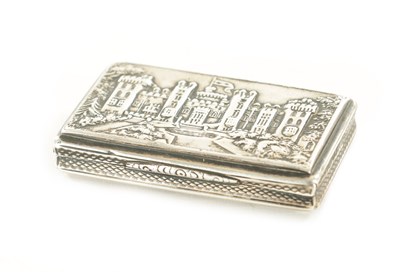 Lot 474 - A NATHANIEL MILLS VICTORIAN SILVER SNUFF BOX EMBOSSED WITH WINDSOR CASTLE