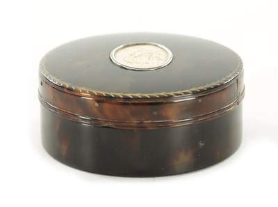 Lot 792 - A 19TH CENTURY TORTOISESHELL AND CAMEO CIRCULAR LIDDED BOX