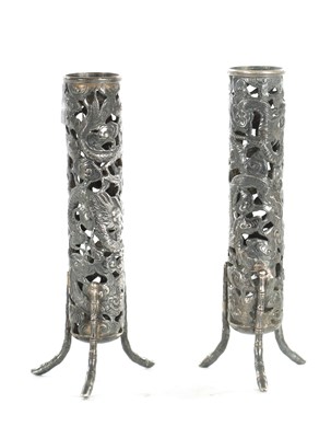 Lot 103 - A PAIR OF EARLY 20TH CENTURY CHINESE SILVER SPILL VASES BY WANG HING