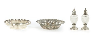 Lot 393 - TWO SILVER TRINKET DISHES AND A PAIR OF SILVER MOUNTED GLASS SHAKERS