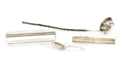 Lot 447 - A GEORGIAN CADDY SPOON, TODDY LADLE, SILVER PEN HOLDER AND SILVER-TOPPED GLASS TRAY