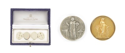 Lot 506 - A COLLECTION OF TWO SILVER MEDALS AND A CASED SET OF CUFFLINKS