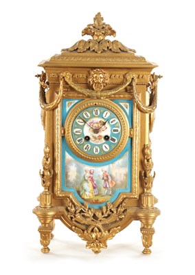 Lot 1060 - A LATE 19TH CENTURY FRENCH GILT METAL PORCELAIN PANELLED MANTEL CLOCK