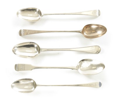 Lot 437 - A COLLECTION OF FIVE GEORGIAN AND VICTORIAN SILVER BASTING SPOONS