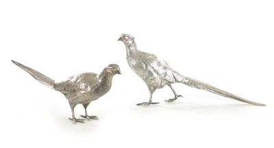 Lot 426 - A PAIR OF ELIZABETH II CAST SILVER GAME BIRD SCULPTURES