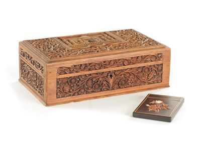 Lot 216 - A LATE 19TH CENTURY INDIAN SANDALWOOD BOX AND CARD CASE