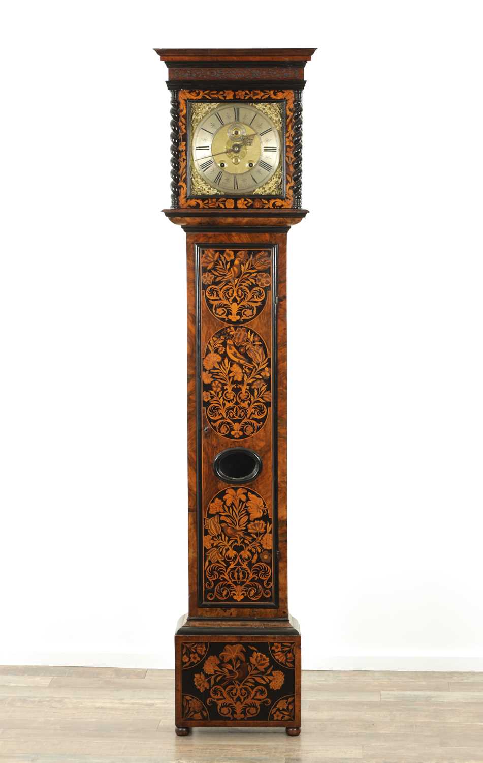 Lot 1163 - NATHANIELL BIRT, LONDON. A FINE LATE 17TH CENTURY 11" MARQUETRY INLAID WALNUT MONTH GOING LONGCASE CLOCK