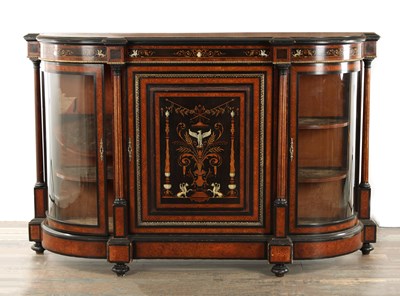 Lot 1402 - A FINE BURR WALNUT AND EBONISED INLAID CREDENZA