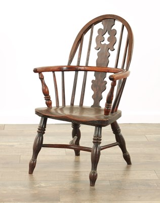 Lot 1516 - A 19TH CENTURY YEW-WOOD AND ELM CHILDS WINDSOR CHAIR